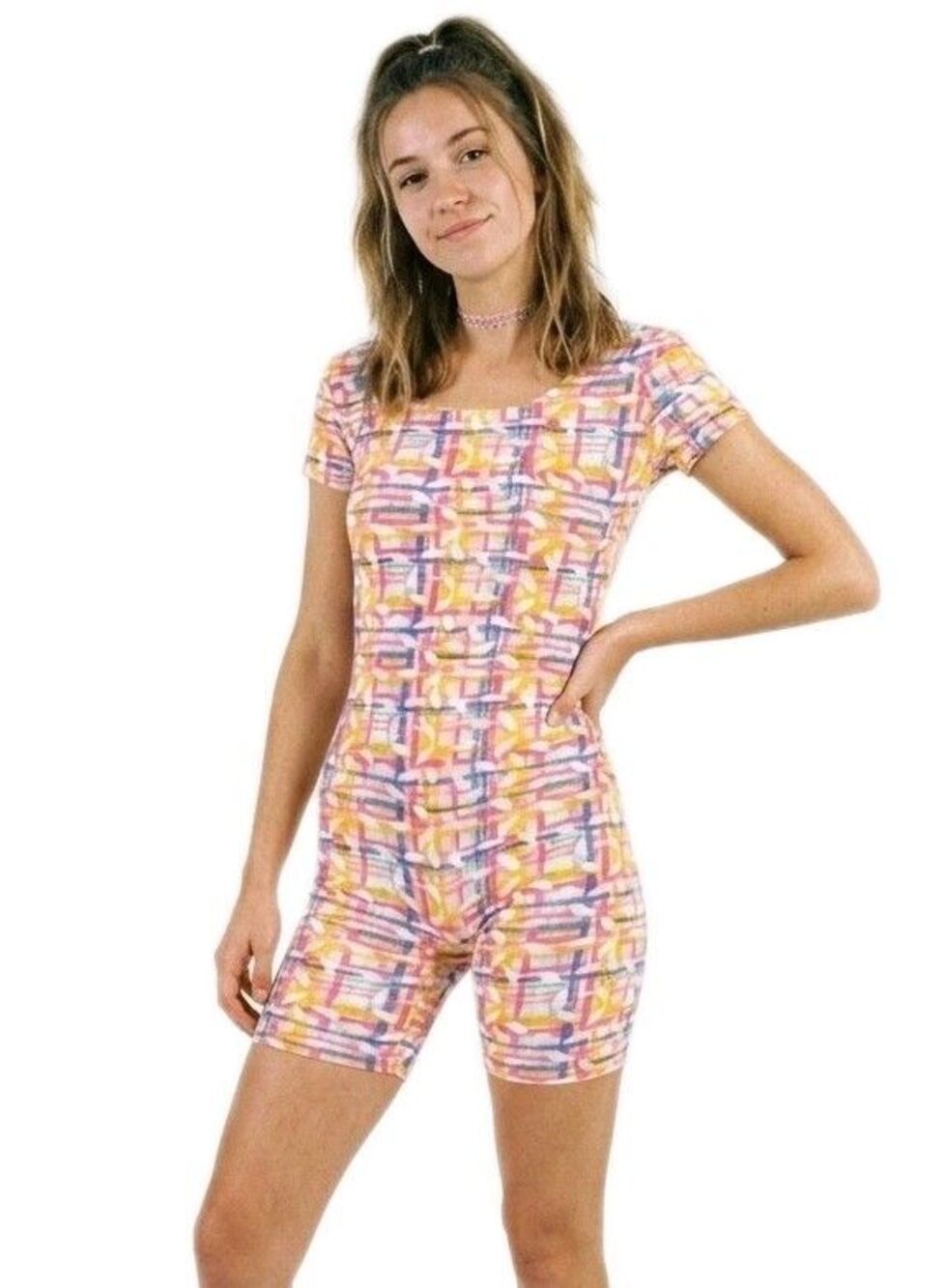 Gilda Marx VTG 90s Pink Purple Petal Plaid Cotton Biketard Singlet Y/J, Adult XS